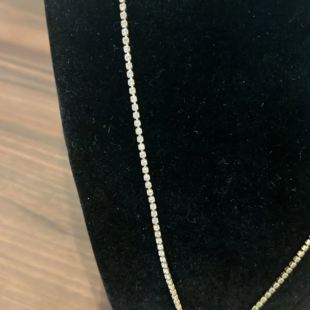 Rachel Leigh goldtone necklace with rhinestone chain and open cubes